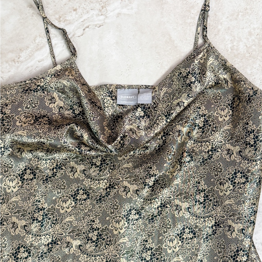 Old Navy Satin Cowl Neck Midi Slip Dress XL Paisley Gold Black Spaghetti Strap - Picture 3 of 5